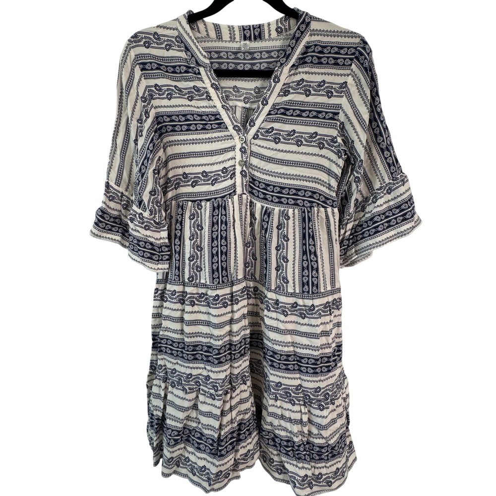 Lapis Boho Paisley Mini Dress Tiered Bell Sleeve V Neck Cottagecore Navy White S